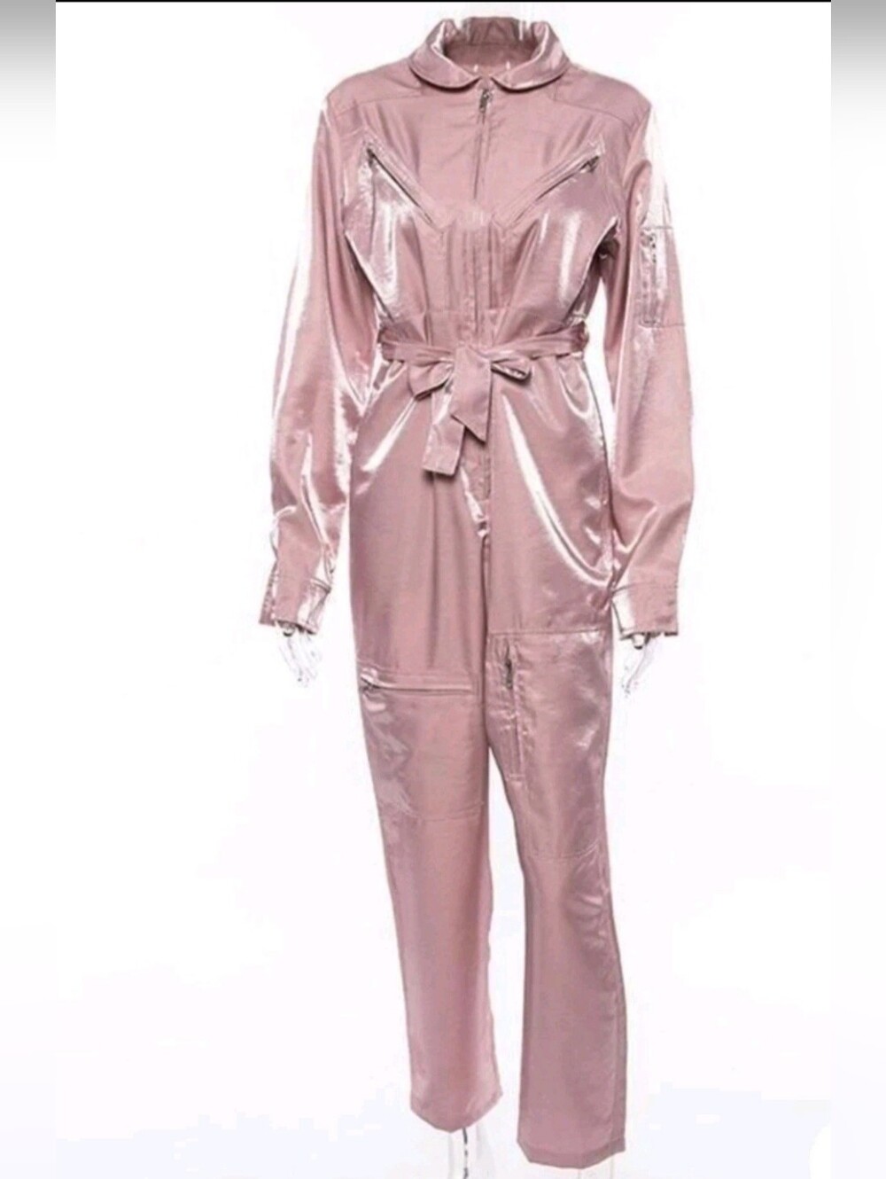 Women's Jumpsuit Casual Pink Zipper Cargo Polyester Long Sleeve Turn Down.